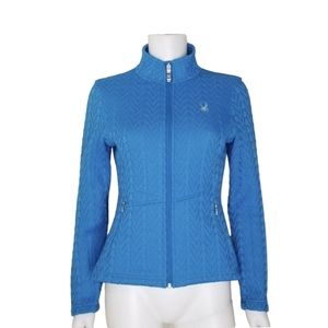 SPYDER Core Cable Knit Ski Sweater Fitted Blue High Neck Winter Sport Jacket